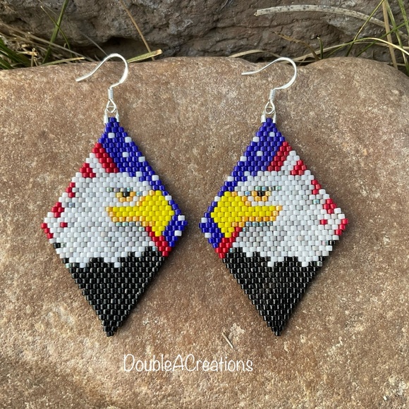 Patriotic Eagle Beaded Earrings, Handmade by Me - Picture 1 of 14